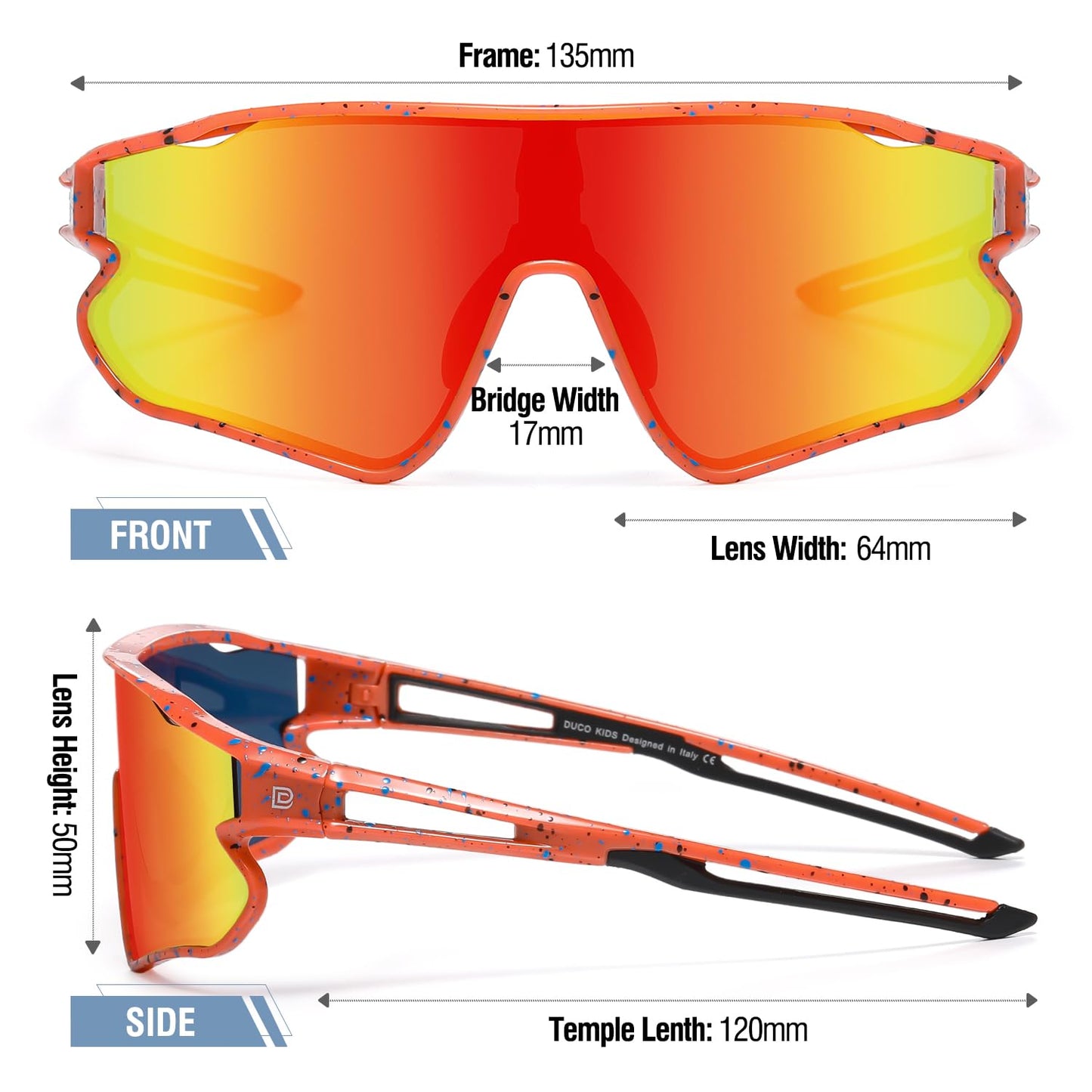 DUCO Kids Sunglasses Youth Baseball Sun Glasses Lightweight TR90 Frame UV400 Sports Cycling Shades for Boys Girls DK268 (Orange Frame Black Temple Revo Orange Lens)