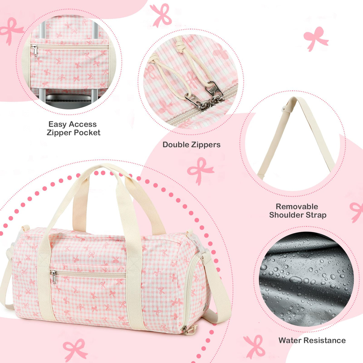 LEDAOU Kids Duffle Bag Girls Overnight Travel Sport Gym Bag Weekender Carry On Shoulder Dance Bag with Shoe Compartment & Wet Pocket (Pink Bow Checkered)