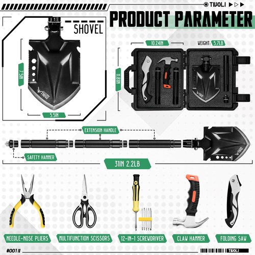 Tivoli Folding Camping Shovel Kit,Multifunctional Survival Shovel with Manganese Steel for Outdoor Off Road, Home Repair,Beach,Car Emergency. Camping Kit with Storage Case,Ideal Gift