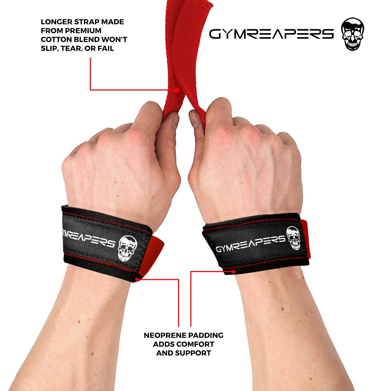 Gymreapers Lifting Wrist Straps for Weightlifting, Bodybuilding, Powerlifting, Strength Training, & Deadlifts - Padded Neoprene with 18" Cotton (Red)