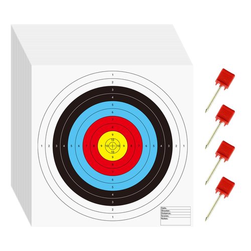 suituts 100 Pcs Bullseye Paper Shooting Targets with 4 Pcs Archery Target Pins, Archery Targets Paper 16x16 Inch 10 Ring Bow and Arrow Targets for Indoor or Outdoor Range
