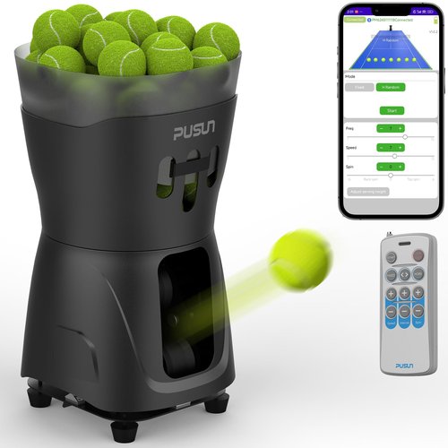 PUSUN PT-MINI PRO-Tennis Ball Machines - APP Controlled, 65+ Ball Capacity, 8-60km/h Speed Adjustment, 3-5 Hours Battery Life, Lightweight Design, Ideal for Beginner Training (Black)