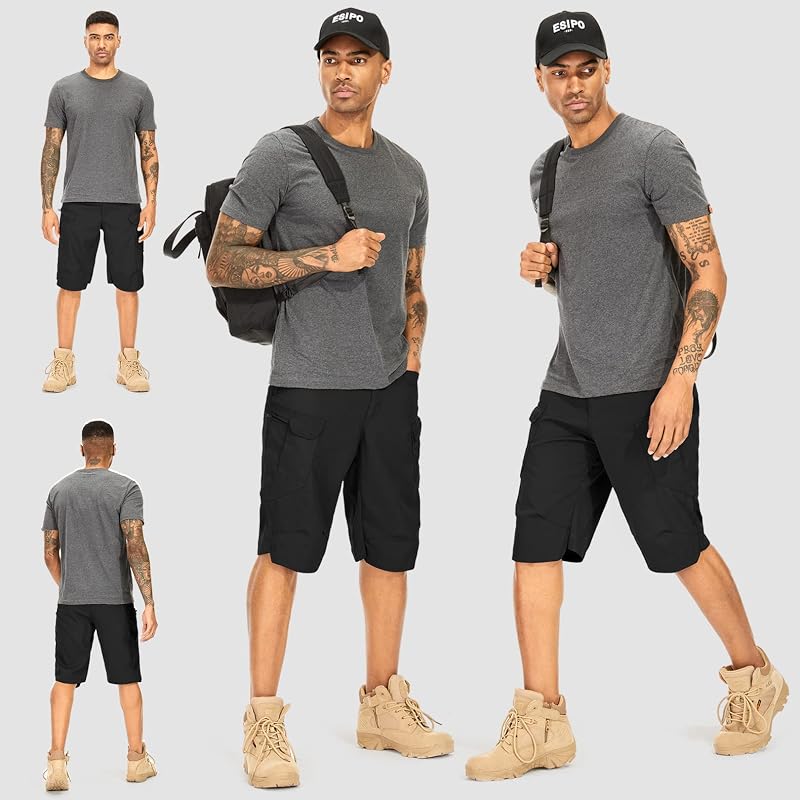 Mens Work Shorts Cargo Tactical Outdoor Short - Quick Dry, 8-Pocket, Black+36