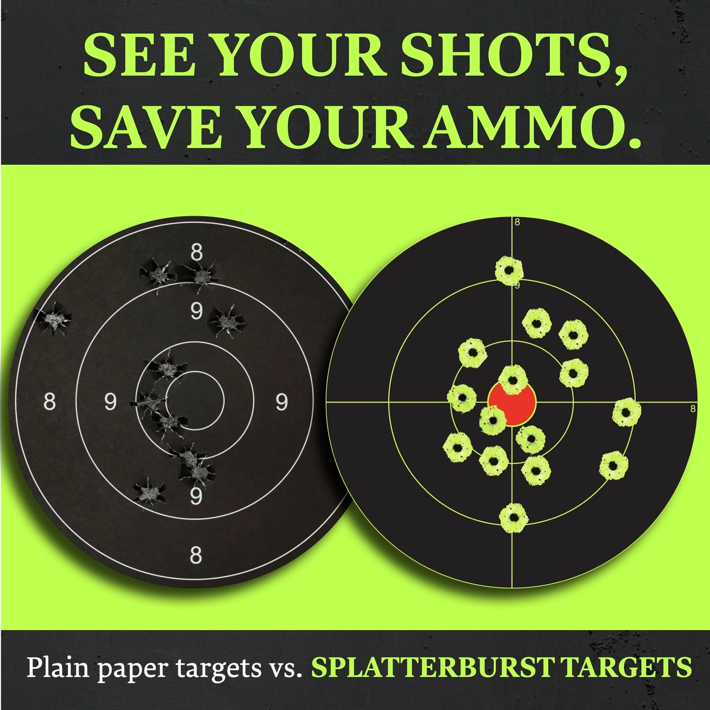 Splatterburst Targets - 12 x18 inch - 3 inch Bullseye Splatter Target - Easily See Your Shots Burst Bright Fluorescent Yellow Upon Impact - Made in the USA (50 Pack)