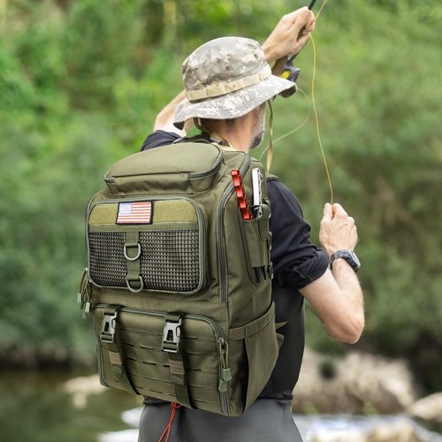 rillrun Fishing Backpack with Rod Holders, Ultimate Tackle Box Bakpack for Men, 42L Large Tackle Bag Store Fishing Gear