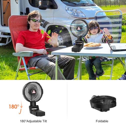 Golf Cart Fan, Magnetic Cruise Fan,10400mah Battery Operated Rechargeable Portable Outdoor Camping Fan w Clamp, Lights, Power Bank Timer, Cordless USB Fans, 4 Speeds, Cabin Air Circulator - Black