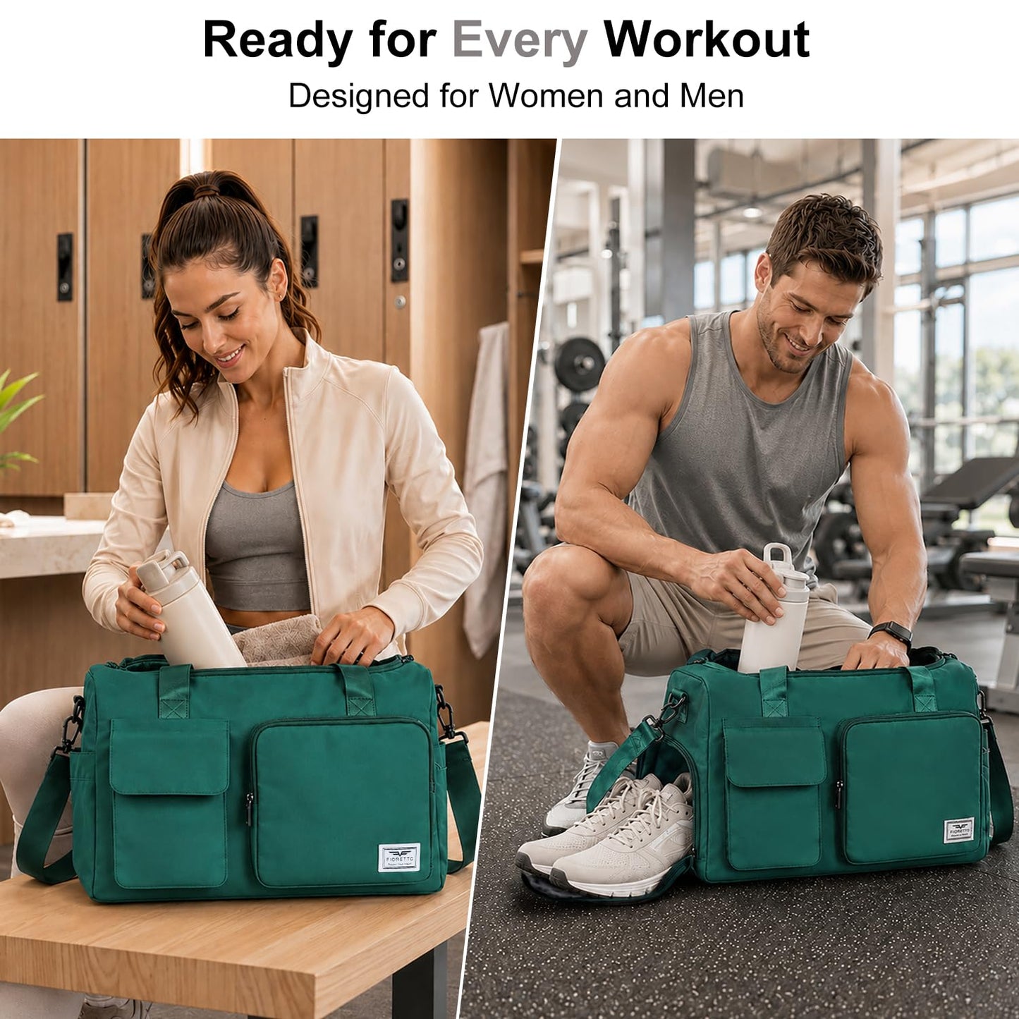 FIORETTO Women's Gym Duffle Bag with Shoes Compartment, 30L Capacity, Ideal for Travel, Gym, Sports, Duffel, Weekender, Turquoise