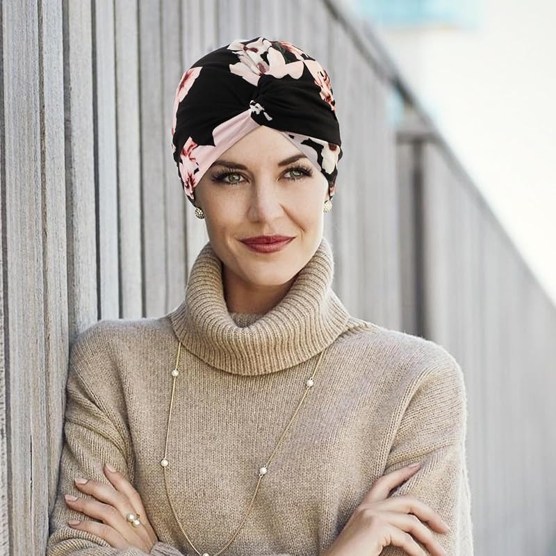 Two-Piece Printed Turban Head Wrap Set for Women - Pre-Tied Knot Chemo Headwear (Black, Blue Floral)