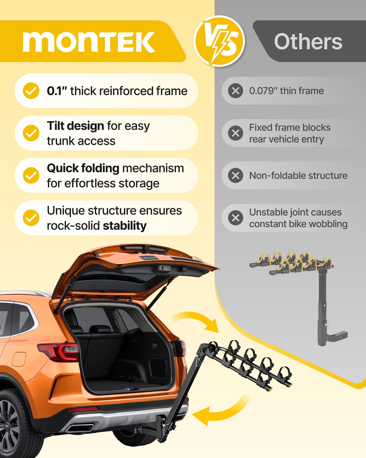 monTEK 4-Bike Rack for Cars, Trucks, SUVs with 2” Hitch, Foldable & Tiltable Bike Rack Hitch,3mm Thick Heavy-Duty Steel Frame, Hitch Bike Rack with Anti-Rattle Stability and Straps, 150 Pound Capacity