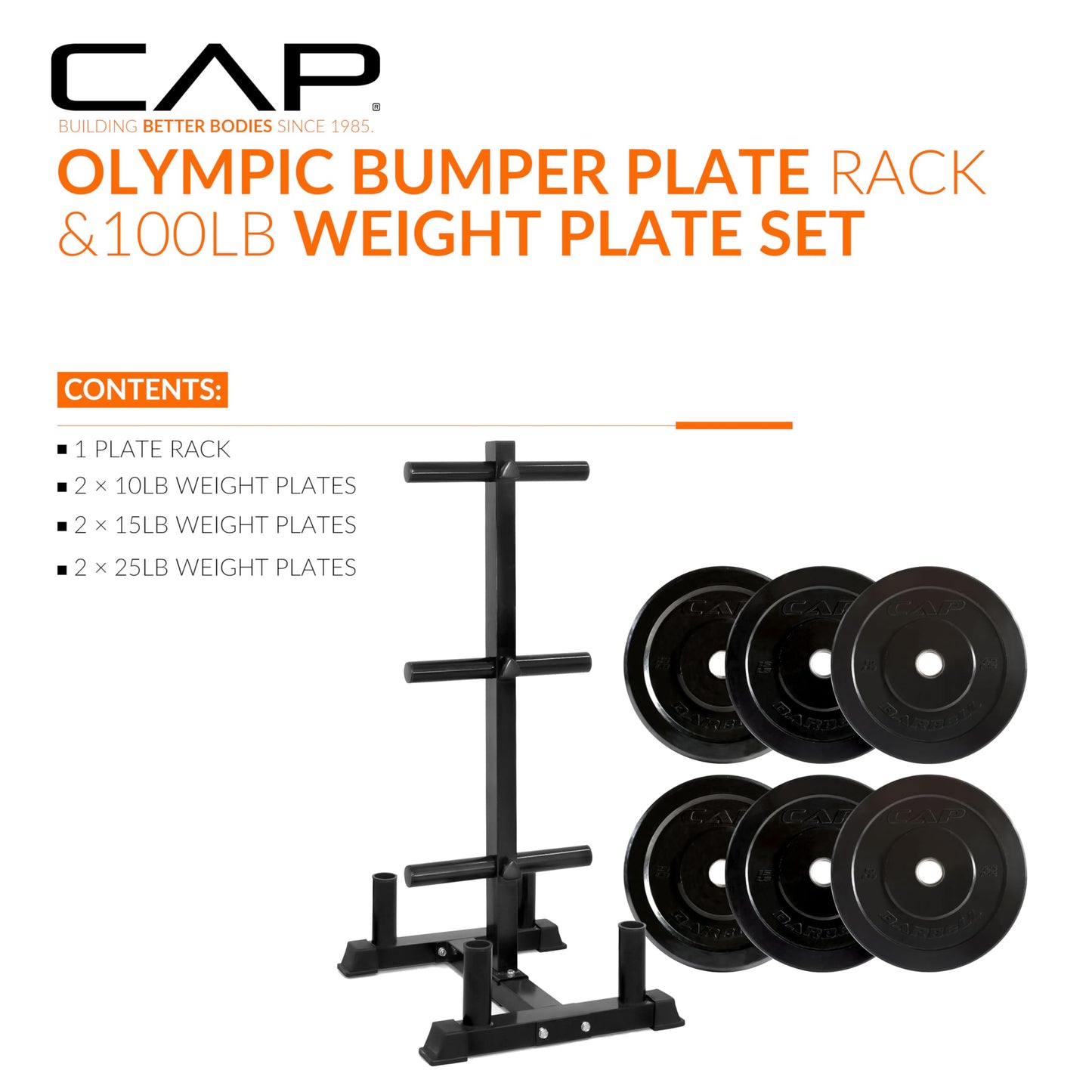 CAP 100lb Elite Olympic Bumper Plate Set with Storage Rack