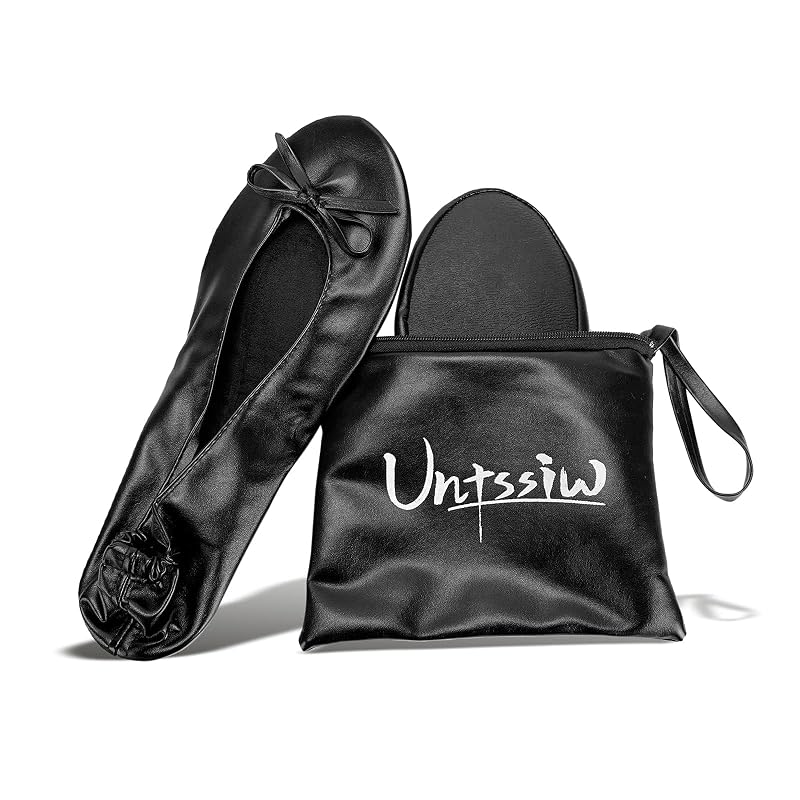 Untssiw Black Medium Foldable Ballet Flats with Pouch - Travel Roll Up Shoes