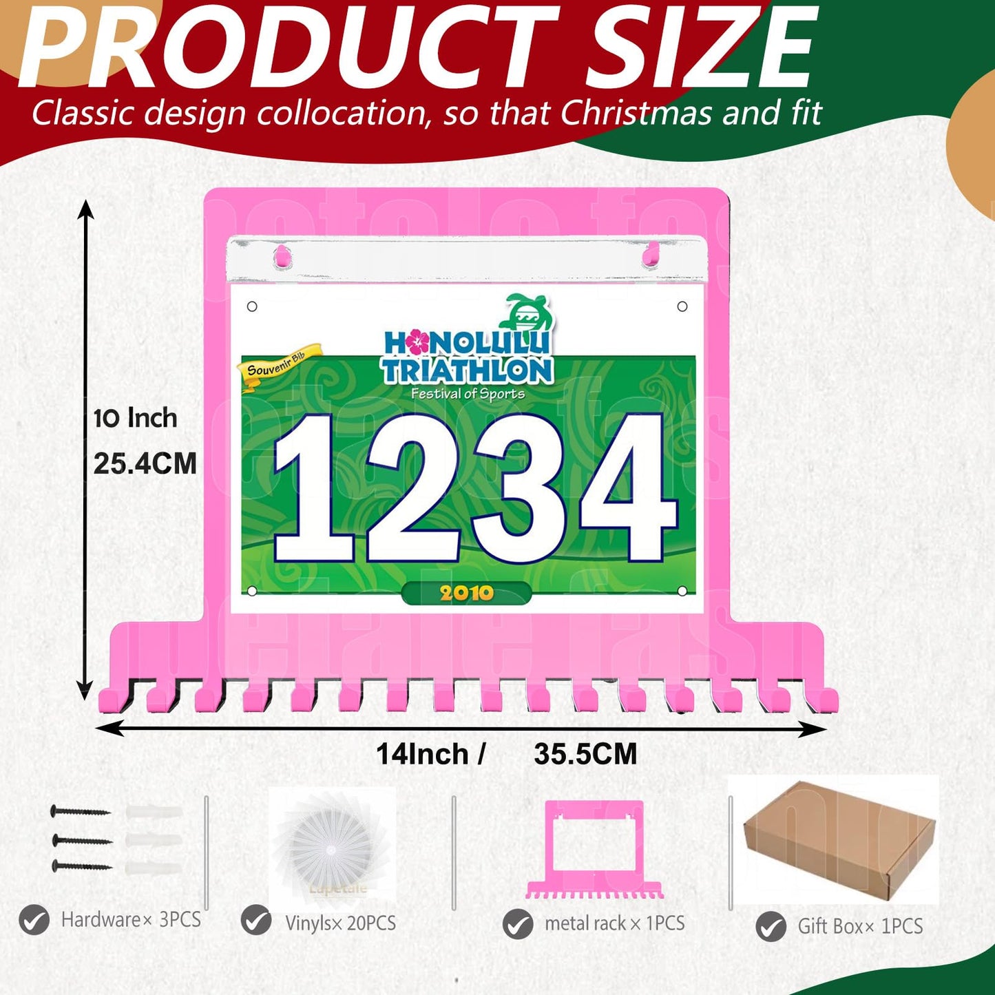 Lapetale Fashion Pink Race Bib and Medal Display,Marathon Medal Display and Runner Medal Hanger Display,Bib Running Medal Display, Running Medal Hanger Display,Medal Holder for Wall,Gifts for Runners