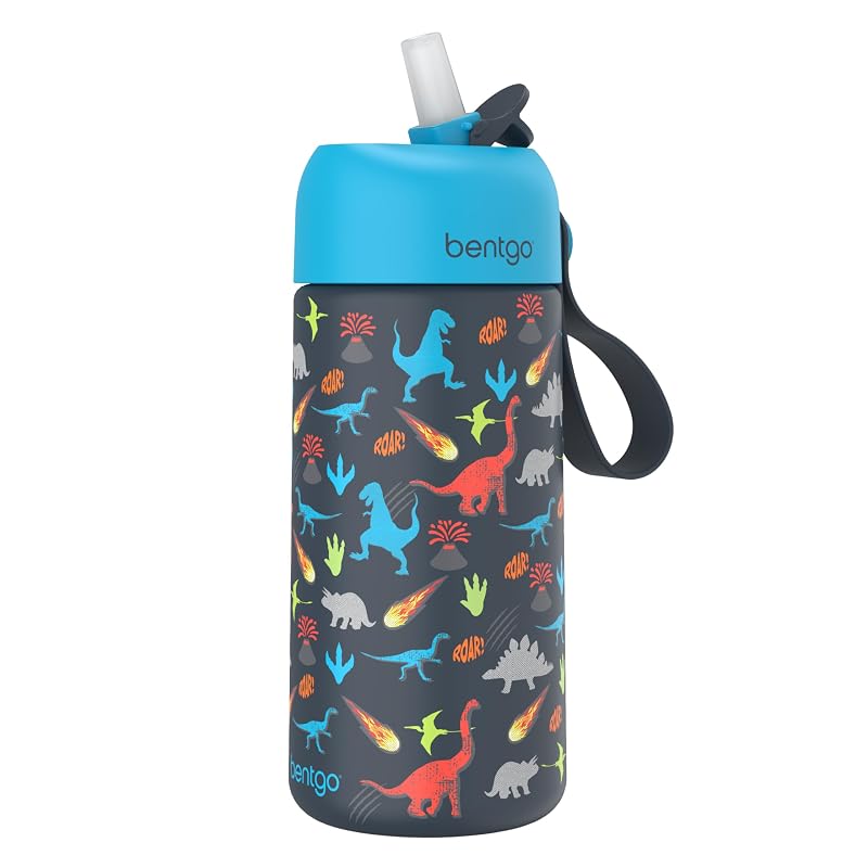 Bentgo Kids 14 oz Stainless Steel Water Bottle - Leak-Proof Bite & Sip (Dinosaur Variation)