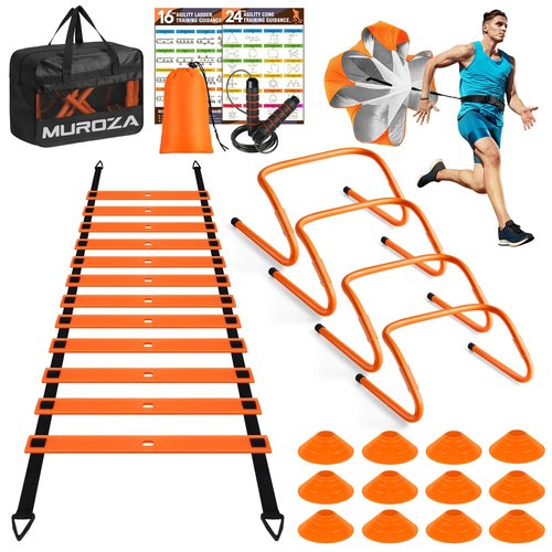 Agility Ladder Speed Training Equipment Set-20 ft Agility Ladder, 12 Soccer Cones, 4 Hurdles, Jump Rope, Running Parachute, Basketball Football Soccer Training Equipment for Kids, Youth, Adults