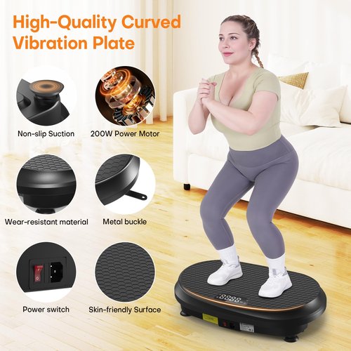 Curved Vibration Plate Exercise Machine, Vibrating Plate 400 lbs Capacity with 9 Auto Modes and 120 Adjustable Speeds, Large LED Display, Touch and Remote Control, Vibration Platform for Home (Black)