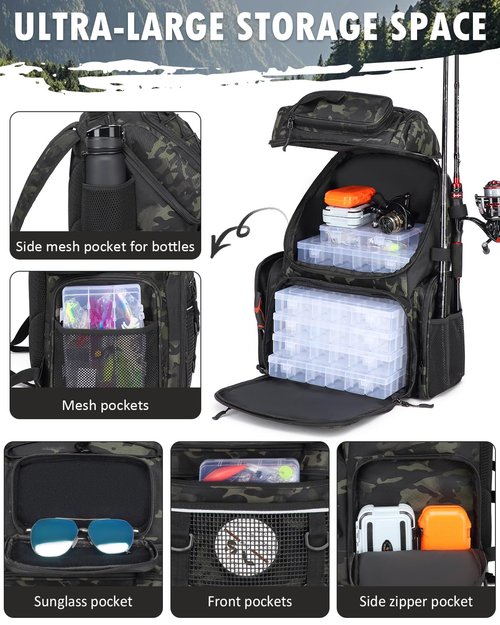 HAMBOLY Fishing Backpack with Tackle Boxes, 50L Fishing Tackle Bag with Cooler & Rod Holders, Waterproof Fishing Bag for Men