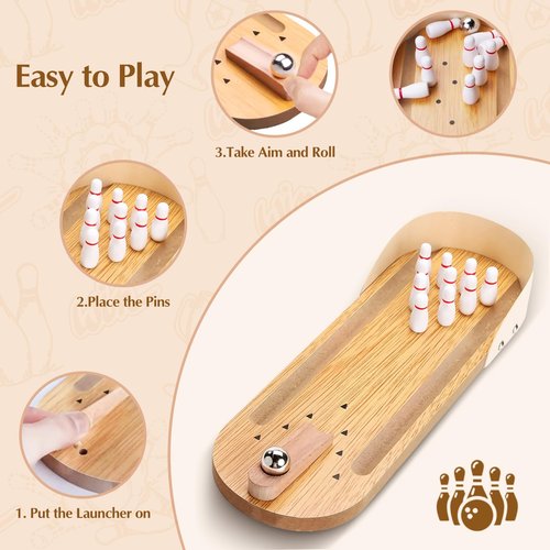 CdbC Mini Bowling Set, Tabletop Wooden Board Bowling Game for Adults Kids Indoor, Easter Gifts for Teens Men, Stress Relief Gadgets Small Finger Toys for Home Office Desk