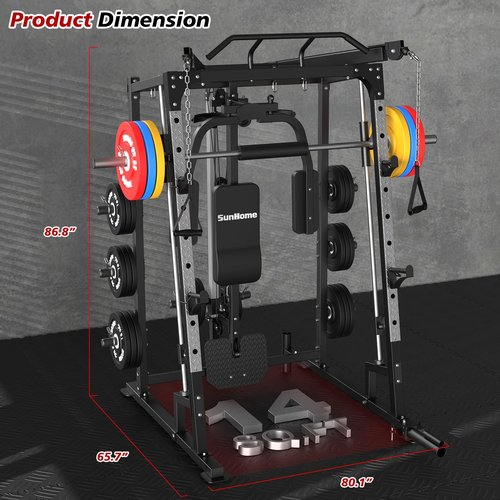 SunHome Smith Machine with Bench and 230LBS BP, 2000LBS Power Cage Squat Rack with Smith Bar, Two LAT Pull-Down Systems, Cable Crossover Machine and and More Cable Attachment for Home Gym
