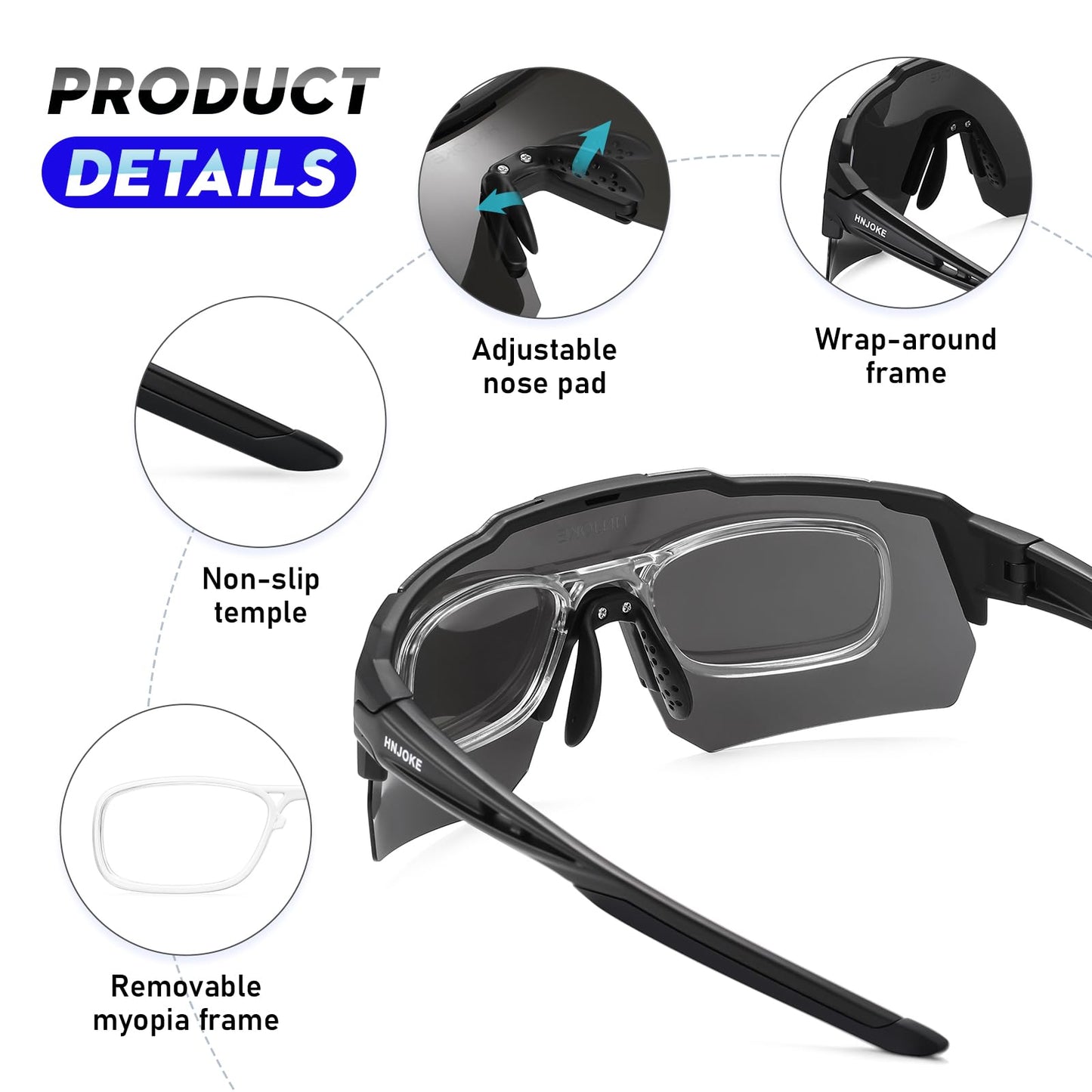 HNJOKE Sports Polarized Sunglasses, UV 400 Protection Sun Glasses Women, Mens Glasses for Cycling Biking Running Hiking Golf Fishing, Black