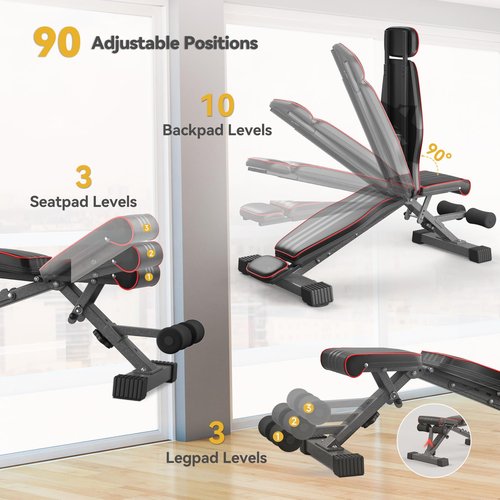 OUNUO Adjustable Weight Bench with Headrest - 660LBS Heavy-Duty Foldable Workout Bench for Home Gym, Full Body Training & Bench Press (Black-Grey)