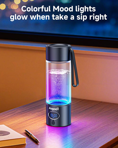Asgool Hydrogen Water Bottle - Portable, Rechargeable, LED Timer, Aluminum and Glass, Self Cleaning, Cyclic Mode, 5000 PPB Hydrogen in 10 Minutes, for Sports, Home, Office, Outdoor (Black, 360ml)