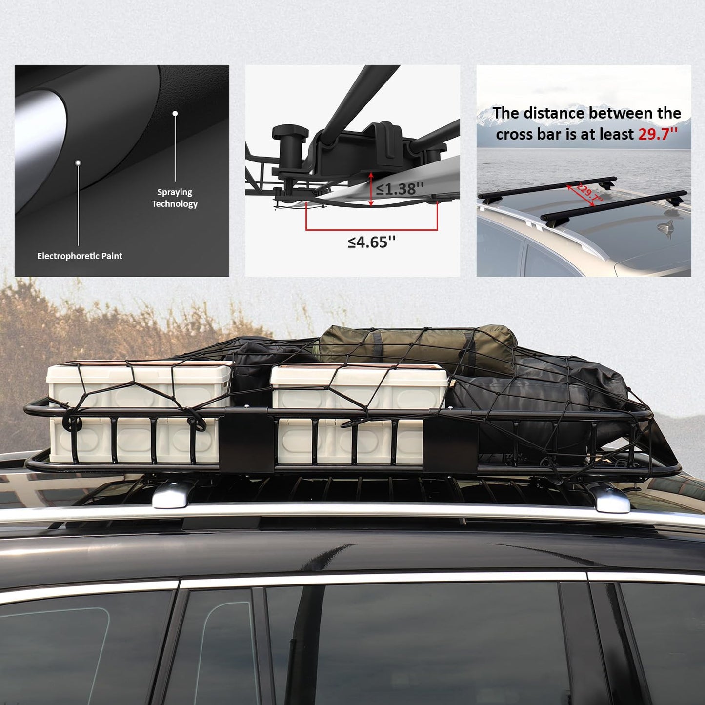 FORWODE 250LBS Universal Roof Rack Basket, 64"x39"x6" Rooftop Cargo Carrier Rack + Waterproof Cargo Bag 15 Cubic Feet(43"x34"x17")