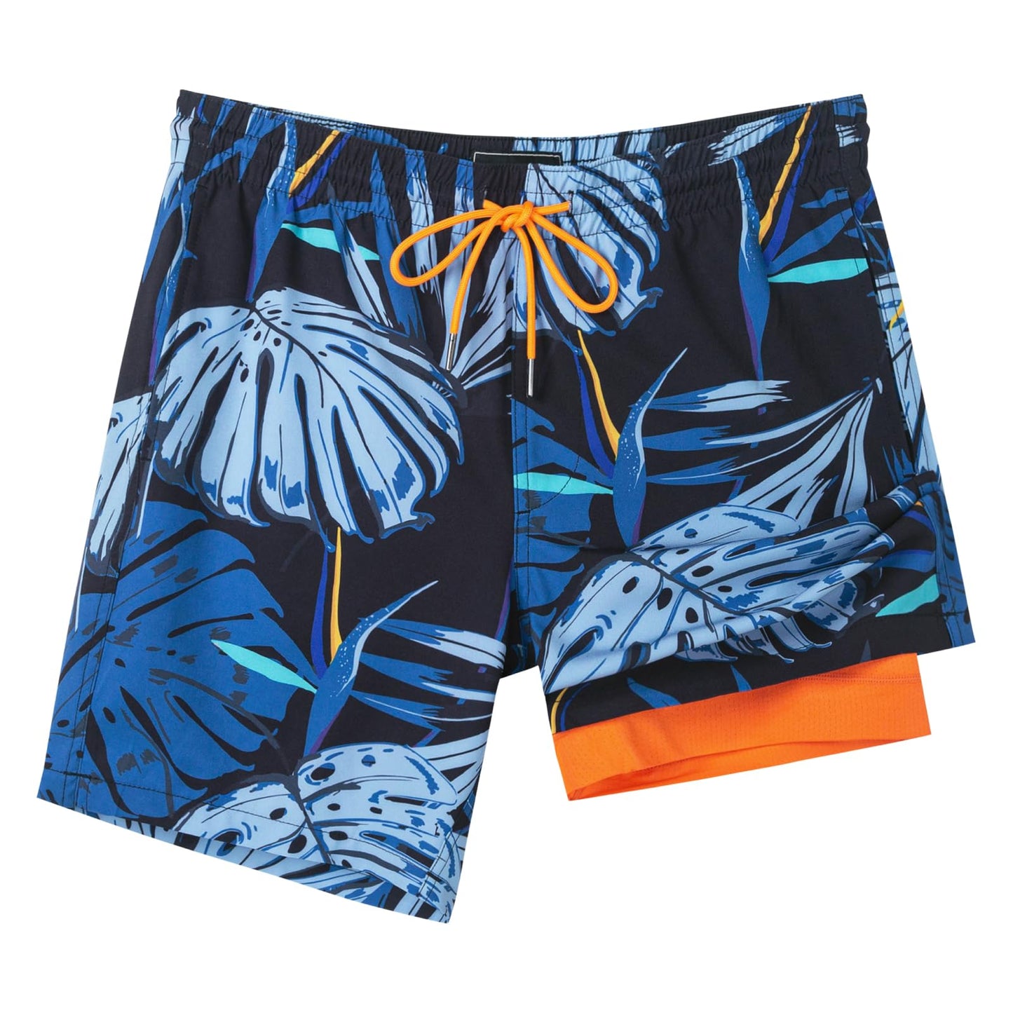 SURF CUZ Mens Swim Trunks with Compression Liner Quick Dry Swim Shorts 7" Swimming Trunks Stretch Bathing Suit Zipper Pockets,Surf Palms,XXL