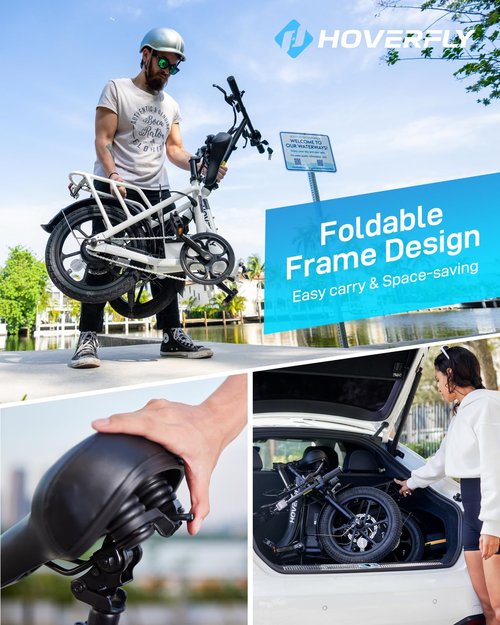 HOVERFLY H3 16" Electric Bike, Max 28Miles Range(Pedal-Assist) & Speed 15.5 Mph Power by 500W Peak Motor, Folding E-Bike with Removable Battery, Front Suspension and Commuter Electric Bicycle Adults
