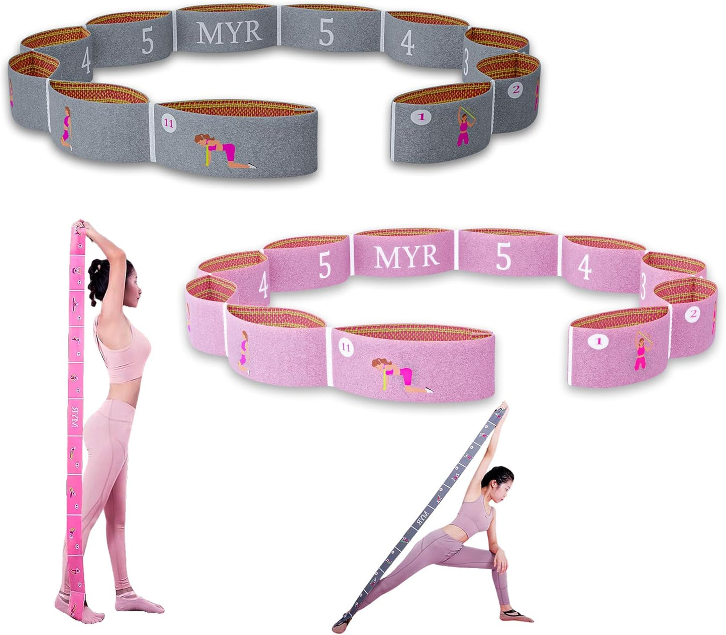 2 PCS Stretch Bands For Kids and Adults – Yoga Straps for Stretching with Multi- Loop – Workout Guide – Video For Exercise, Elastic Stretch Strap Pilates, Yoga, Dance, Gymnastics, Dance, Ballets Bands