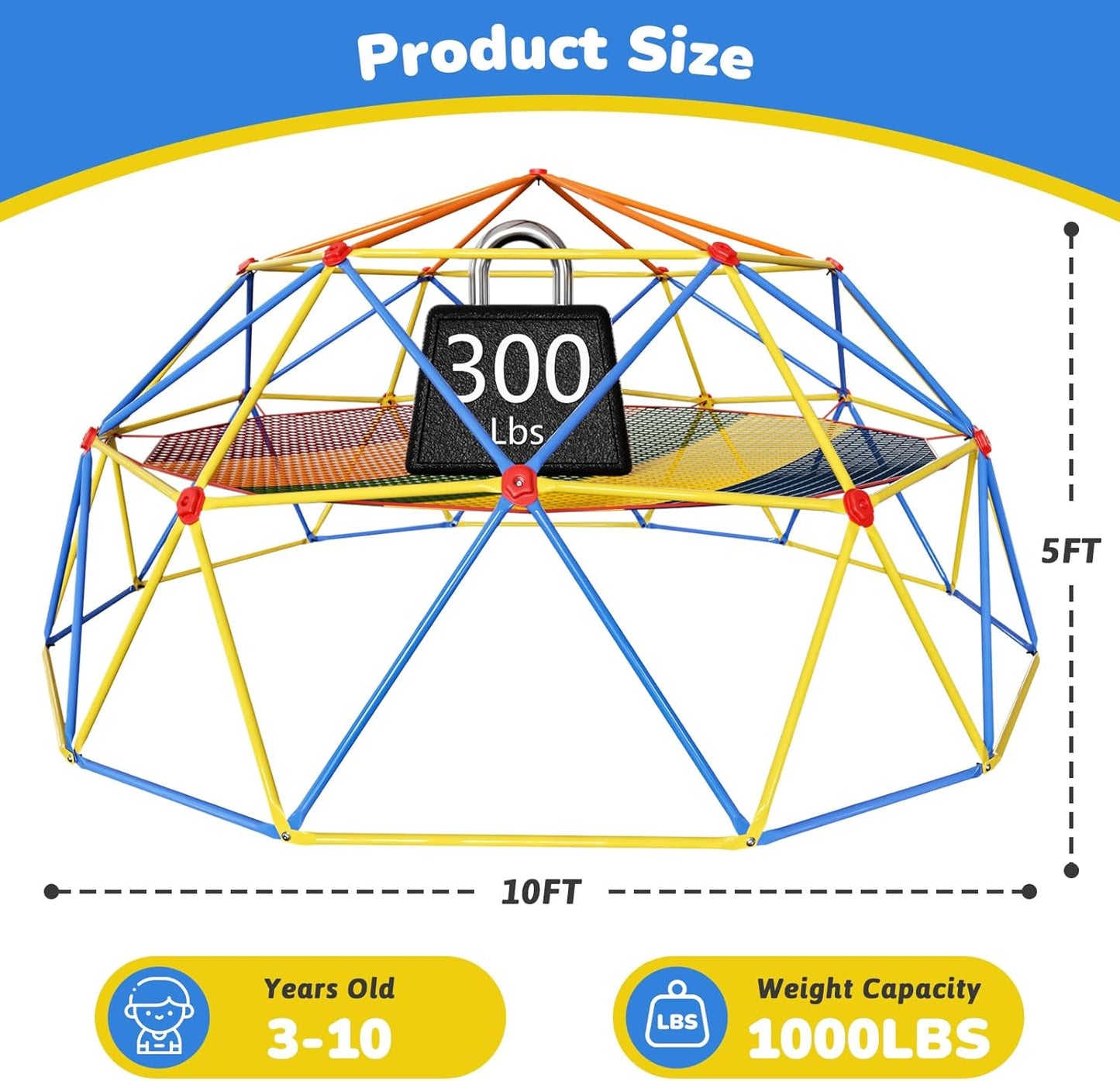 10FT Climbing Dome with Climbing Cargo Net, Outdoor Jungle Gym for Kids- Supports 1000LBS-Anti-Rust Metal Outdoor Play Structure ASTM Approved, Easy Assembly