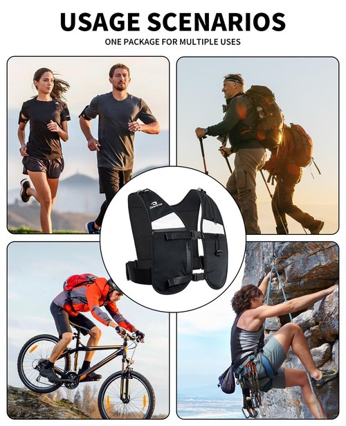 Owntop Running Hydration Vest Backpack for Women Men with Phone Holder 6 Pockets, for 2L Water Bladder 500ml Bottle, Reflective Lightweight Adjustable Pack for Hiking Trail Marathon Race Cycling Black