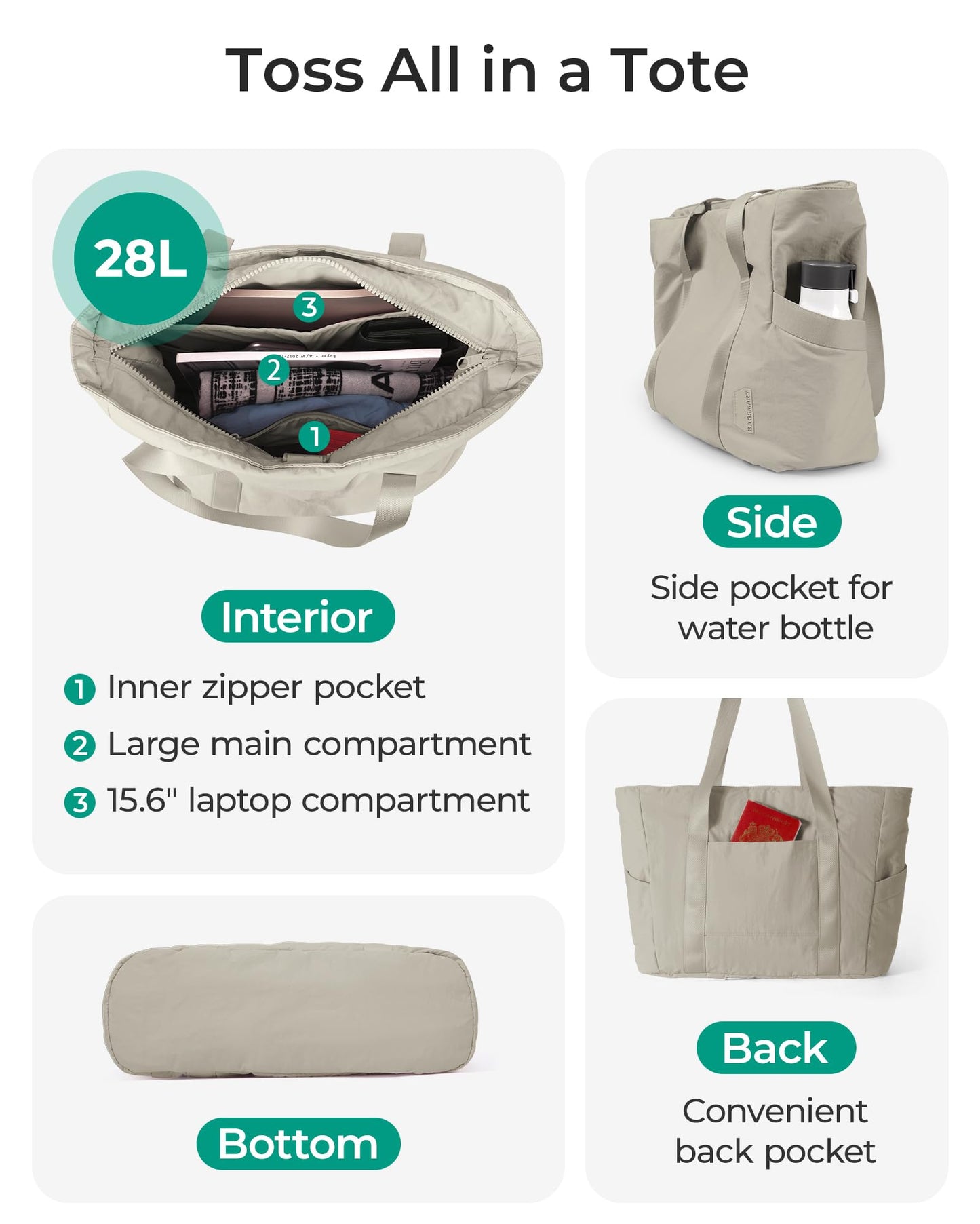 BAGSMART Tote Bag for Women with Zipper, Gym Tote with Compartments, Laptop Work Tote Nurse Dance Yoga Bag for Sport, Travel