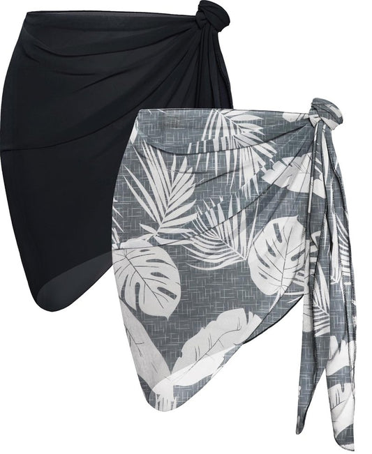 2 Pieces Sarong Cover Ups for Women Beach Bathing Suit Wrap Sheer Short Skirt Bikini Chiffon Scarf for Swimwear (Black and Grey Leaf)