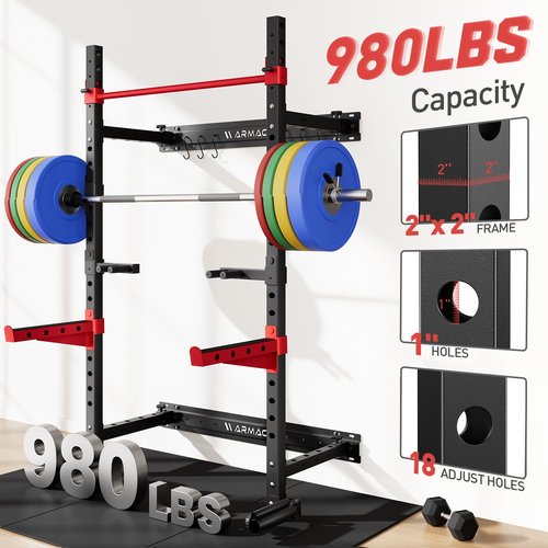 Folding Power Rack, Wall Mounted Squat Rack with Pull Up Bar, 980 Pounds Capacity, with J-Cups, Spotter Arms, Dip Bars, Landmine for Full Body Workout