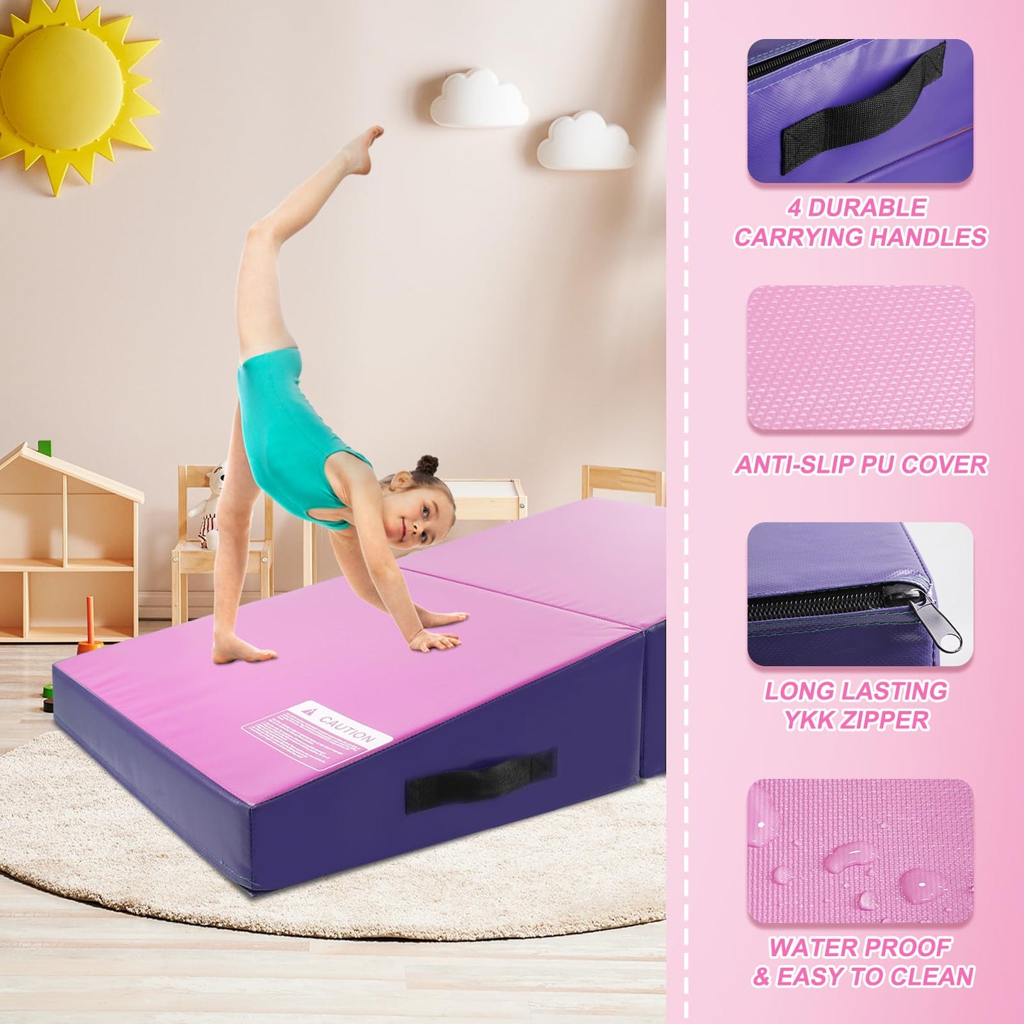Kangaroo Hoppers Incline Gymnastics Mat, 56"x28"x15" Folding Wedge for Kids Tumbling, Skill Training, Multiple Colors Cheese Mat for Gymnastics, Home Gym Exercise, Pink/Purple