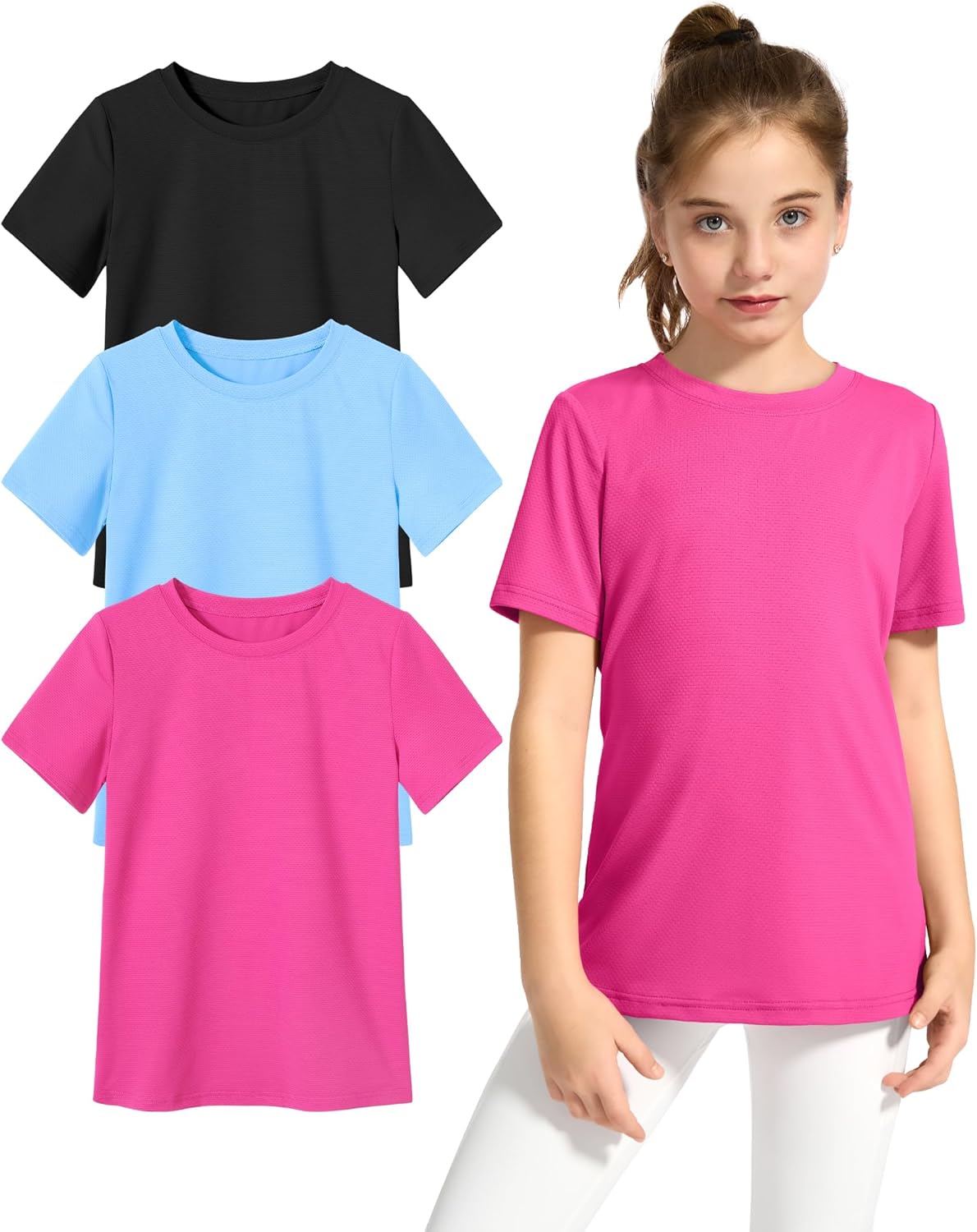 KEREDA Girls Athletic Shirts Quick Dry Short Sleeve Crew Neck T Shirts, Summer UPF 50+ Tee Tops for Teen Girls 3 Pack