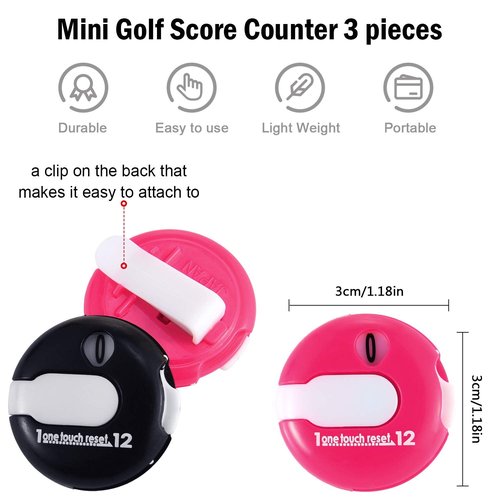 Frienda 6 Pieces Golf Stroke Counter Clicker Mini Golf Score Counter Simple Attachment Scorekeeper up to 12 Shots Score with One Touch Reset Clip(Red, White, Black)