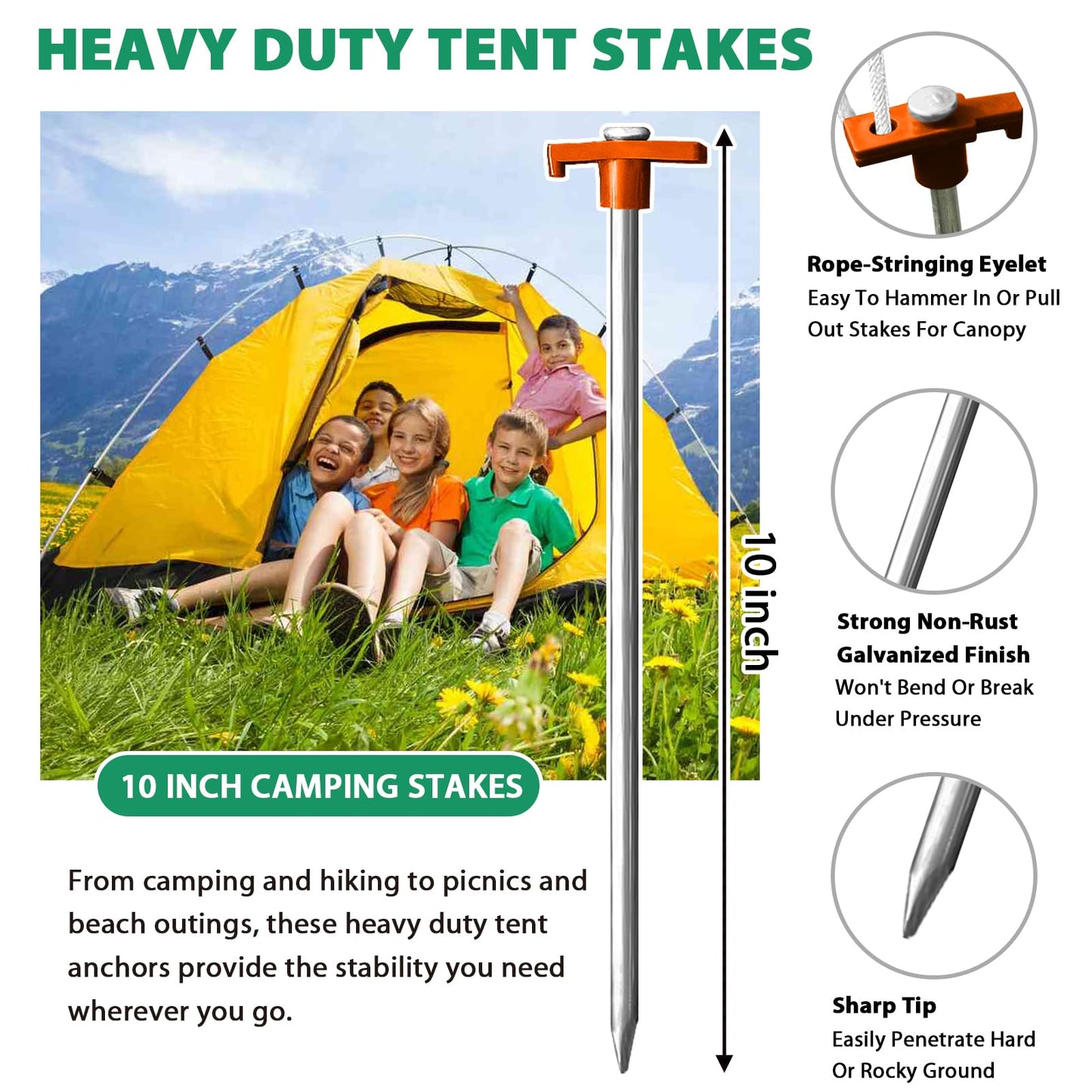 Eurmax USA 10-Pack Secure Protection Galvanized Tent Stakes,Rust-Proof Steel Canopy Anchors for High Winds,Heavy Duty Commercial Ground Pegs for Camping,Pop Up Tents&Gazebos - Includes 4x10ft Ropes