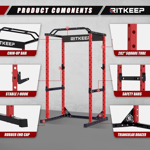 RitKeep RMAX 2250 Multi-Functional Power Rack - 1200lb Capacity Squat Rack for Home Gym with Multi-Grip Pull-Up Bar, J-Hooks, and Safety Bars (Red(red barbell）, 700LB barbell)