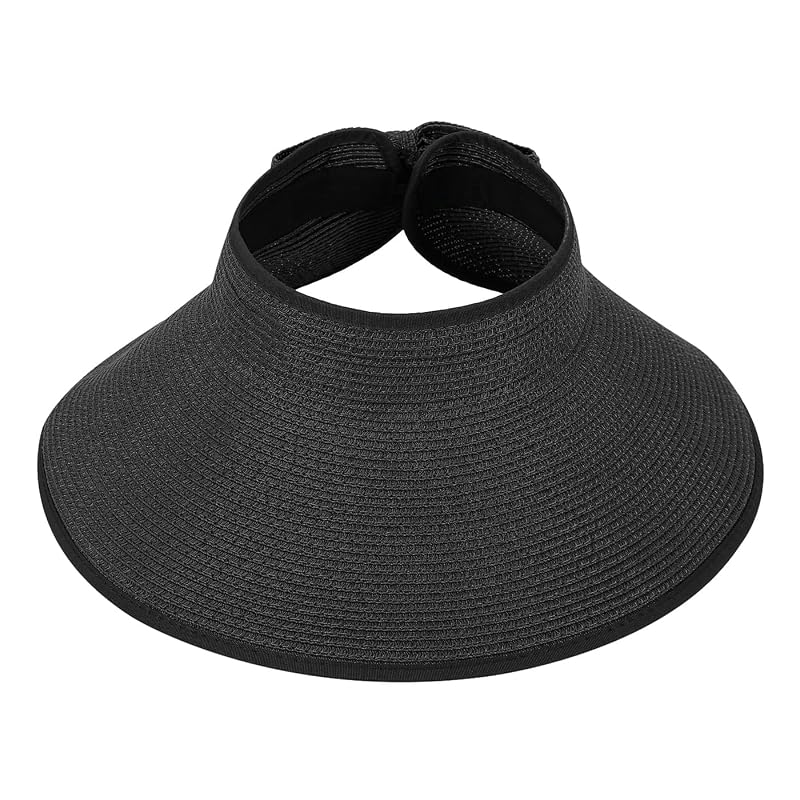 HDE Sun Visor Hat for Women - Packable Ponytail Visor with Bow, Black, One Size