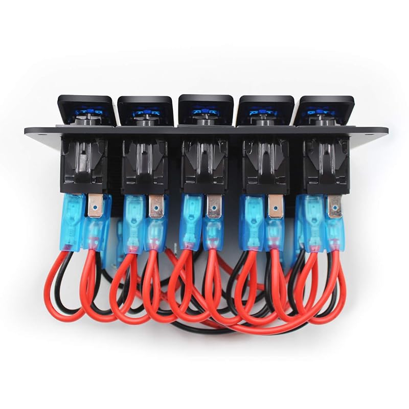 5-Gang Blue Aluminum Waterproof Marine Switch Panel with Dual USB 3.1A & Volt Meter