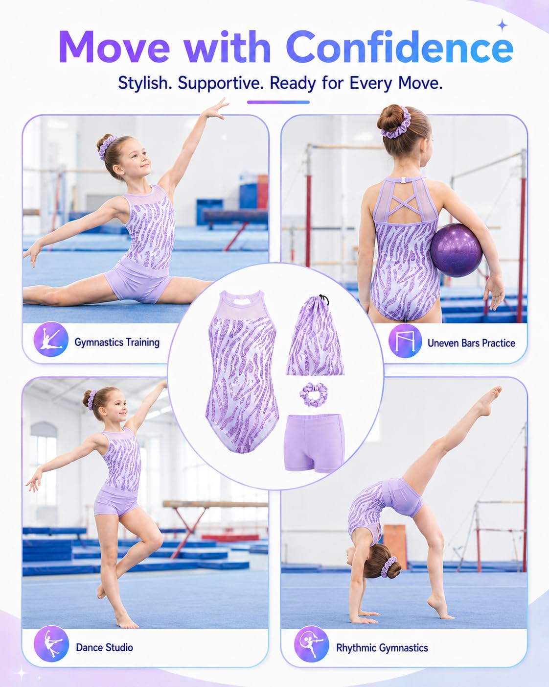 Tstiti Gymnastics Leotards for Girls Clasp Back 4-Piece