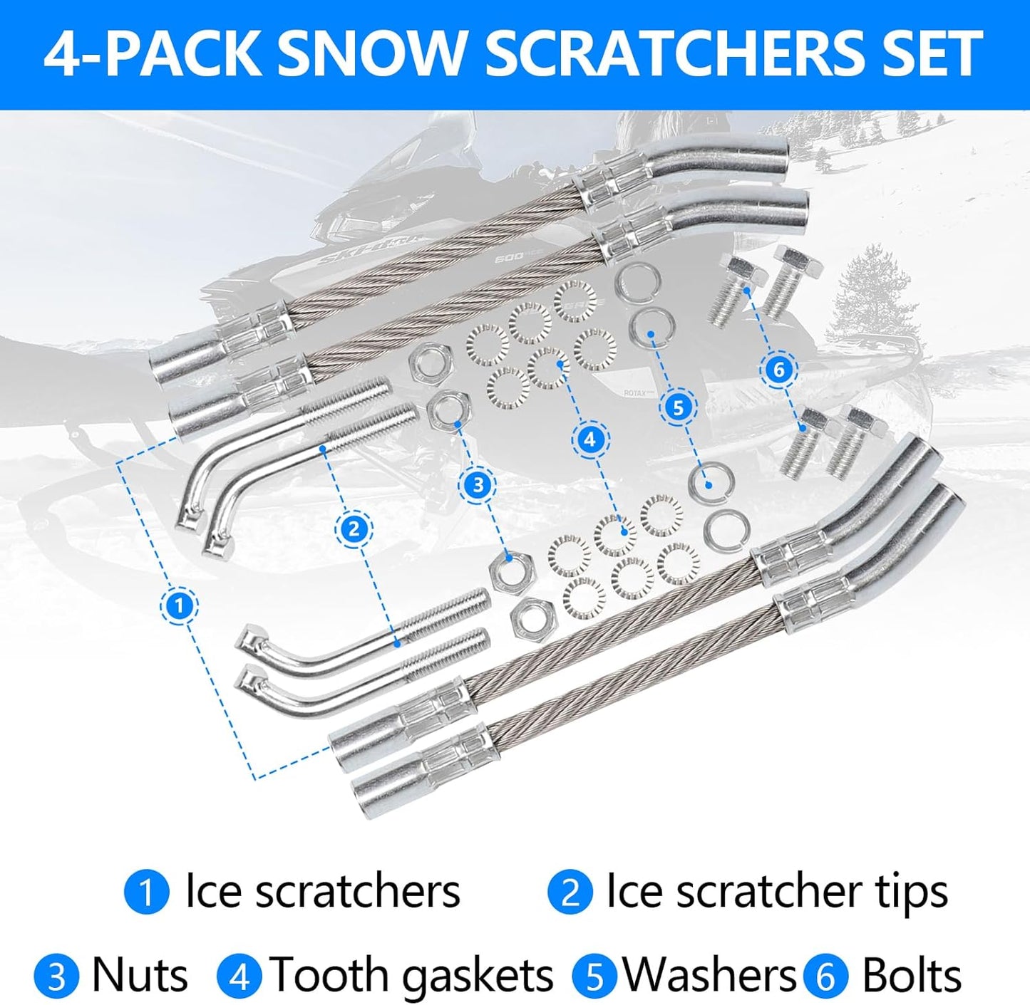 Ice Scratchers Snowmobile 4PCS Set Compatible with Polaris Arctic Cat Ski-doo Lynx Cable Ice Scratchers Kit Fit for Reverse & Non-Reverse Gear Equipped Snow Mobiles Track Heights Above 2-1/2"