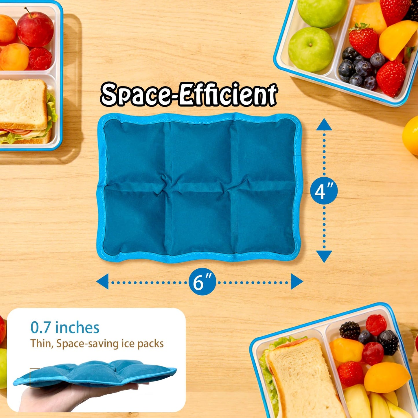 4pcs Reusable Ice Packs for Lunch Boxes & Coolers, (6”x4”x0.7”) Slim Freezer Packs for Lunch Bags, Small Non-Toxic Cooler for Picnic & Camping