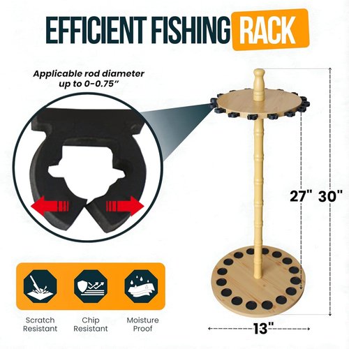Rush Creek Creations Round 16 Fishing Rod Storage Rack - Features Traditional Handcrafted Wood Post - No Tool Assembly, Wood Grain Laminate