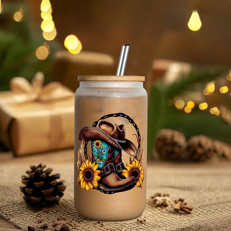 Cowgirl Glass Cup - 16 oz Western Boots & Hat Design with Gift-Ready Packaging