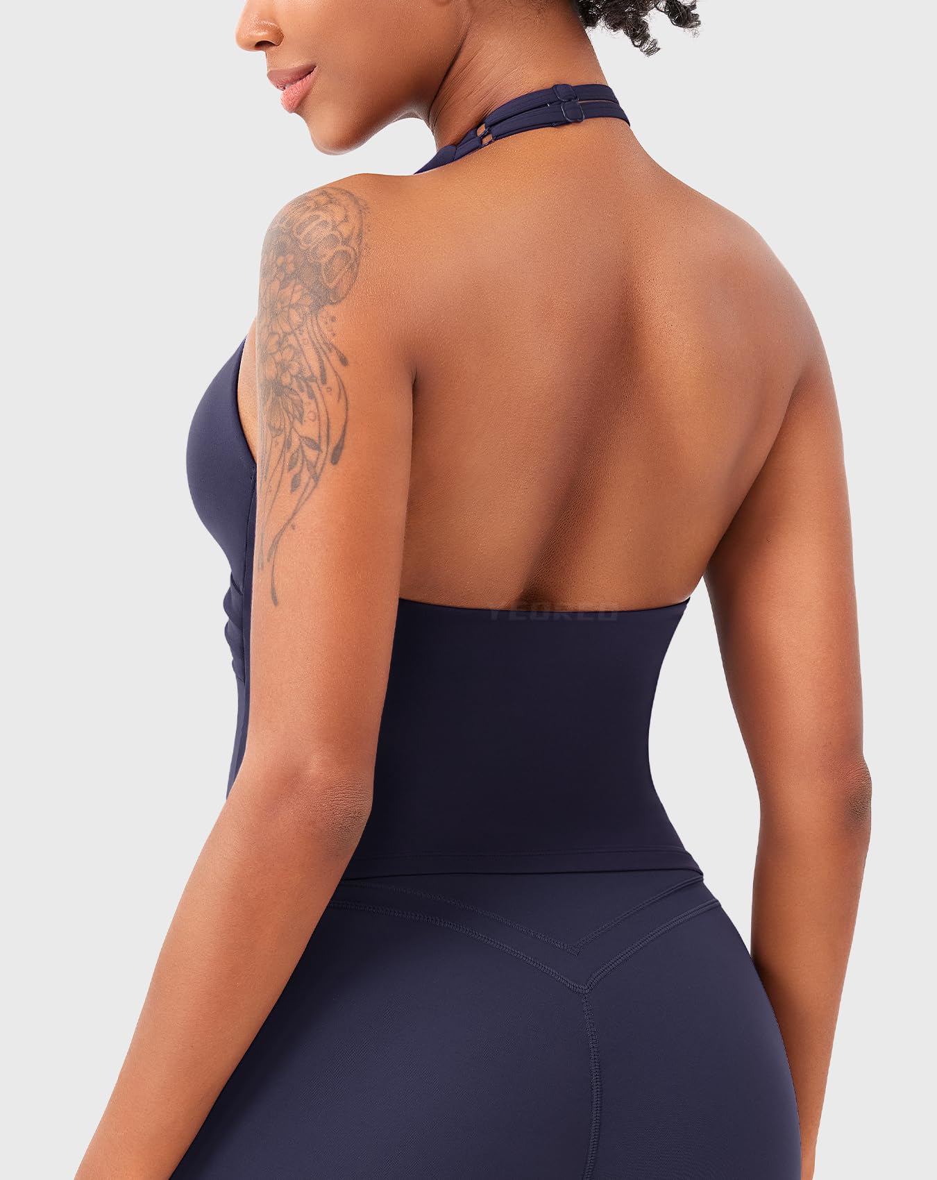 YEOREO CoreFlex Womens Halter Tank Tops Workout Impact Longline Strappy Top Padded Deep V Neck Wrap Gym Backless Camisole Navy L