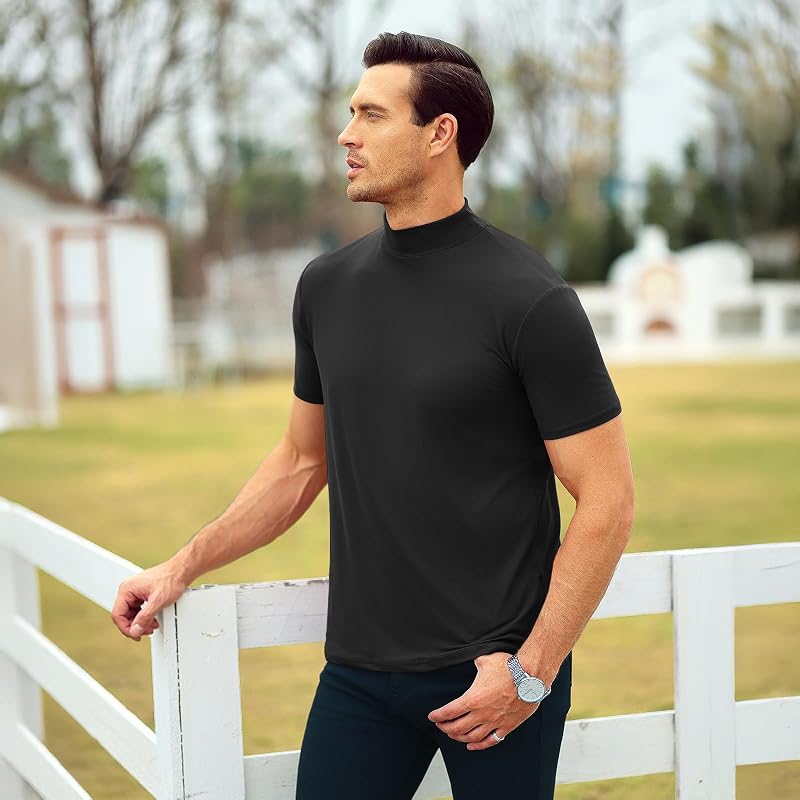 Men's Mock Neck Short Sleeve T-Shirt - Basic Fit, 80/20 Cotton-Spandex, Black Small