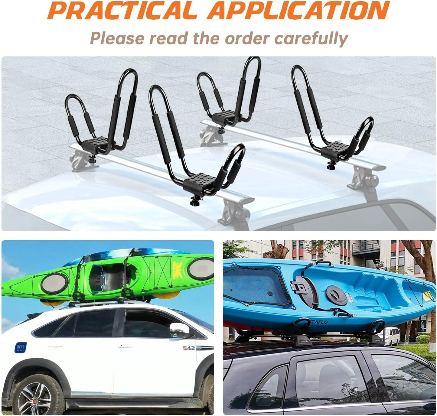 Kayak Roof Rack, 2 Pair J-Bar Roof Rack with 4 Ropes. Heavy Duty Kayak Roof Carrier for Your Canoe SUV and Trucks