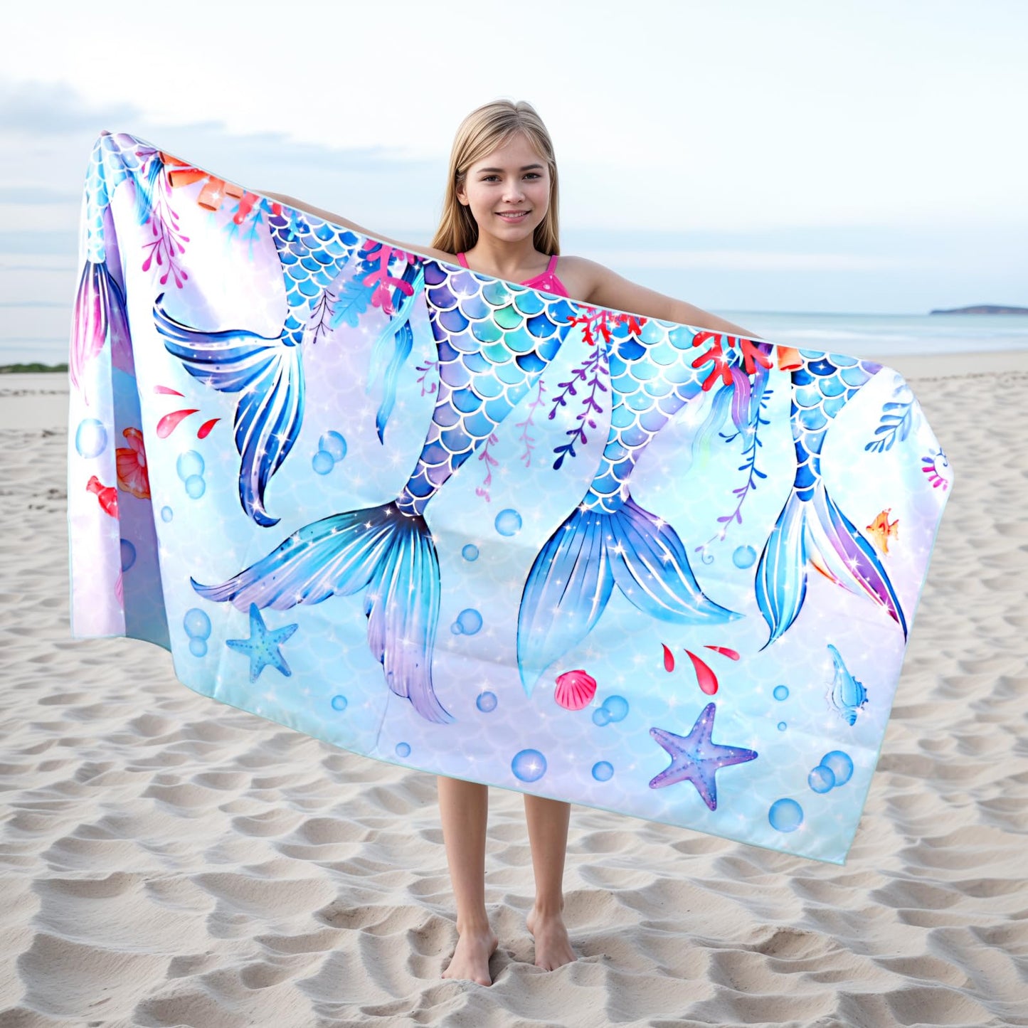 MelonBoat Mermaid Microfiber Beach Towel: Extra Large Quick Dry Beach Towel for Travel, Sand Free Super Absorbent, Thin Lightweight Compact for Kids Girls Trip Vacation Beach Bath Camping Pool Swim